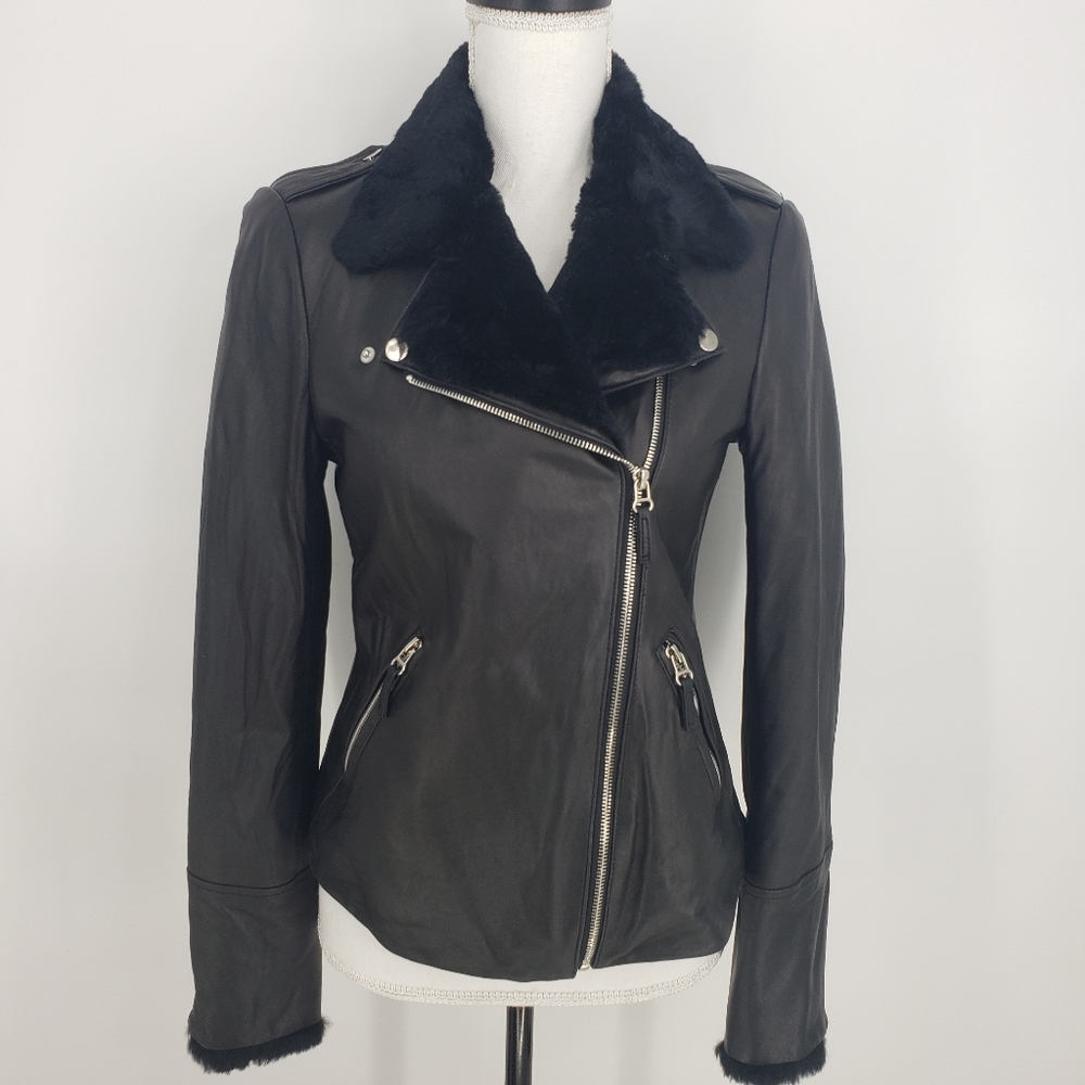 Gerard Darel Leather & Fur Trim Jacket in Black - Picture 2 of 11